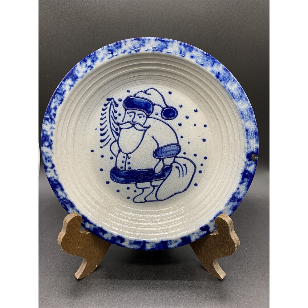 ELDRETH POTTERY 1993 COBALT BLUE SALT GLAZE STONEWARE PIE Santa Signed 8"